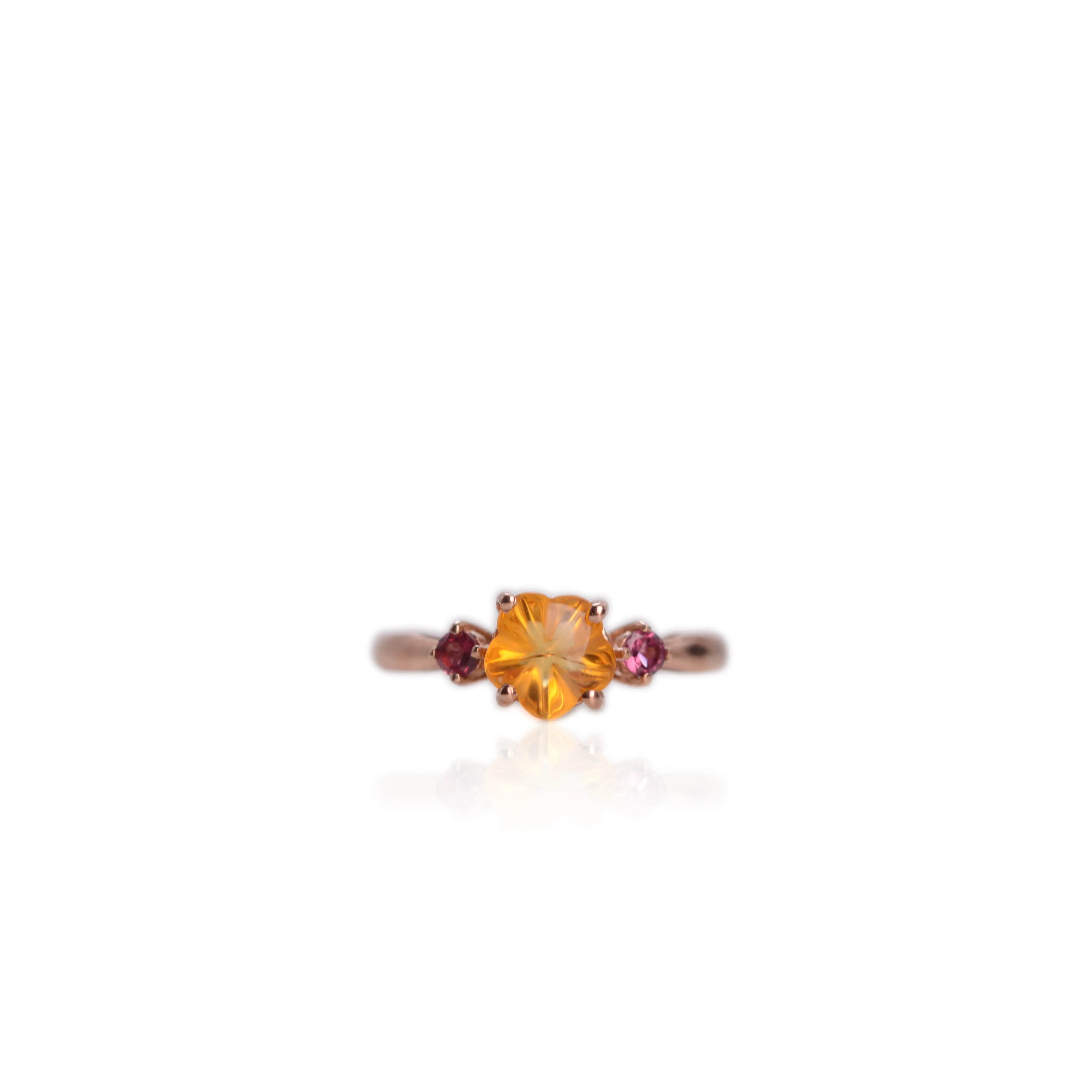 7 mm. Carved Flower Yellow Brazilian Citrine and Rhodolite Garnet Trilogy Ring