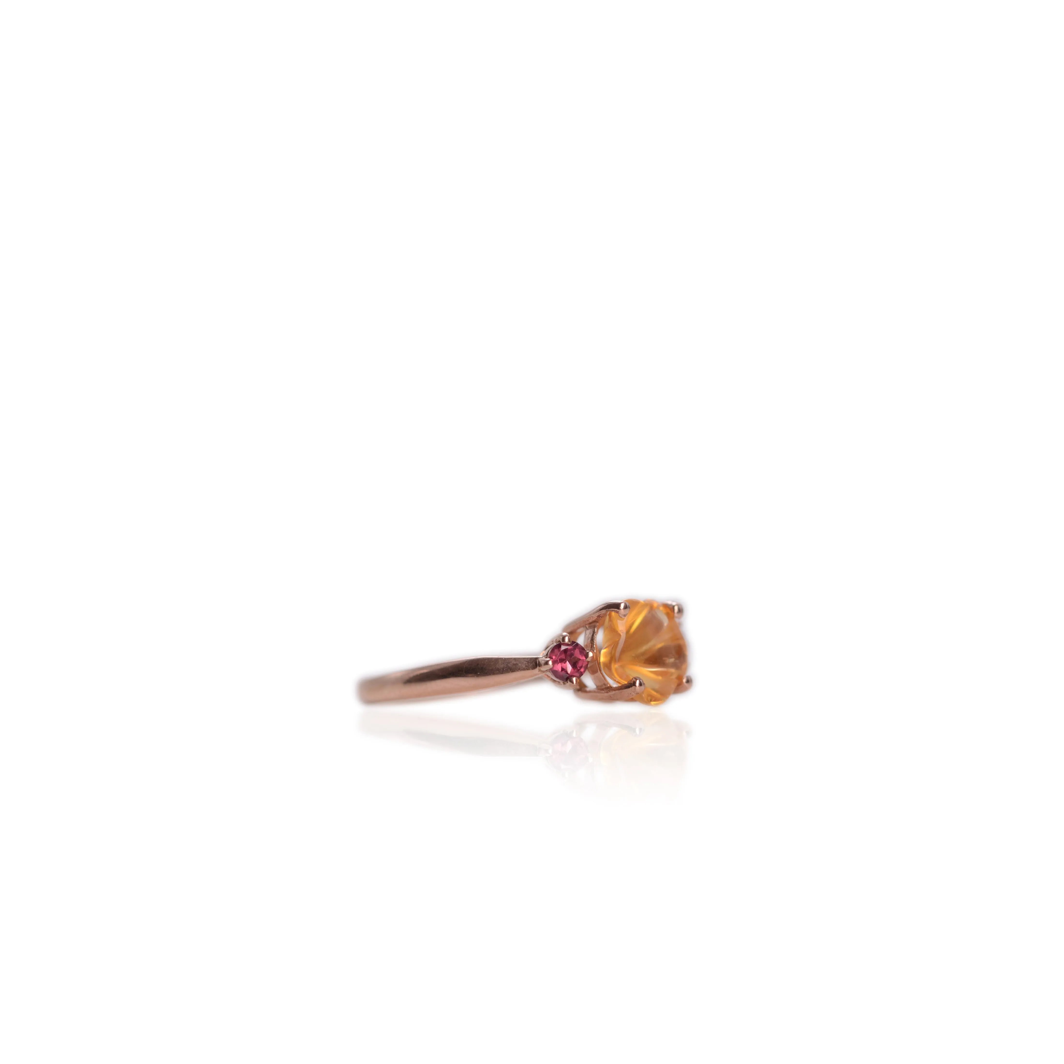 7 mm. Carved Flower Yellow Brazilian Citrine and Rhodolite Garnet Trilogy Ring
