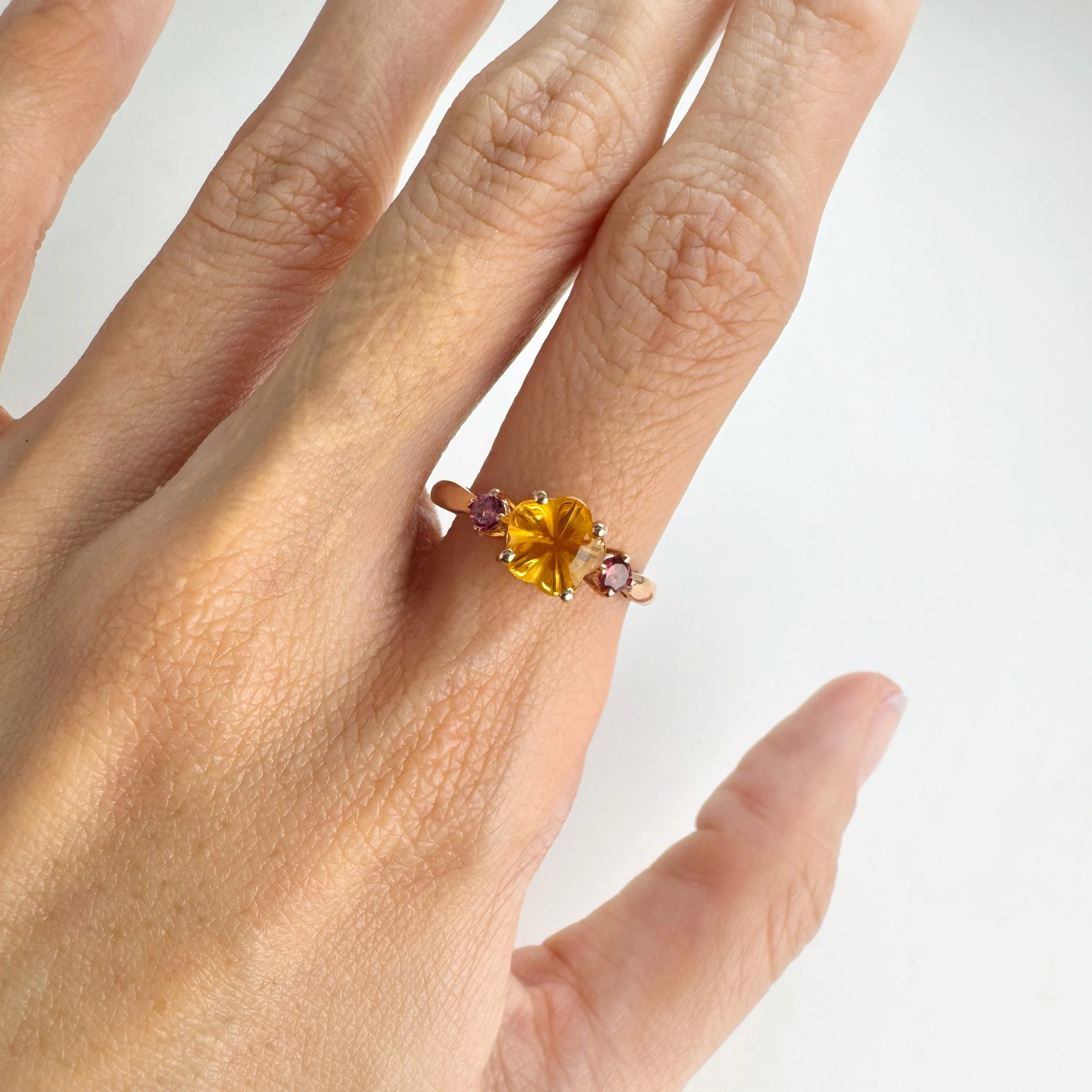 7 mm. Carved Flower Yellow Brazilian Citrine and Rhodolite Garnet Trilogy Ring