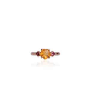 7 mm. Carved Flower Yellow Brazilian Citrine and Rhodolite Garnet Trilogy Ring