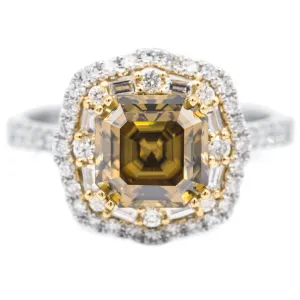 7.5mm Vintage Cognac Asscher Moissanite Two Toned 14k White & Yellow Gold Antique Halo Ring