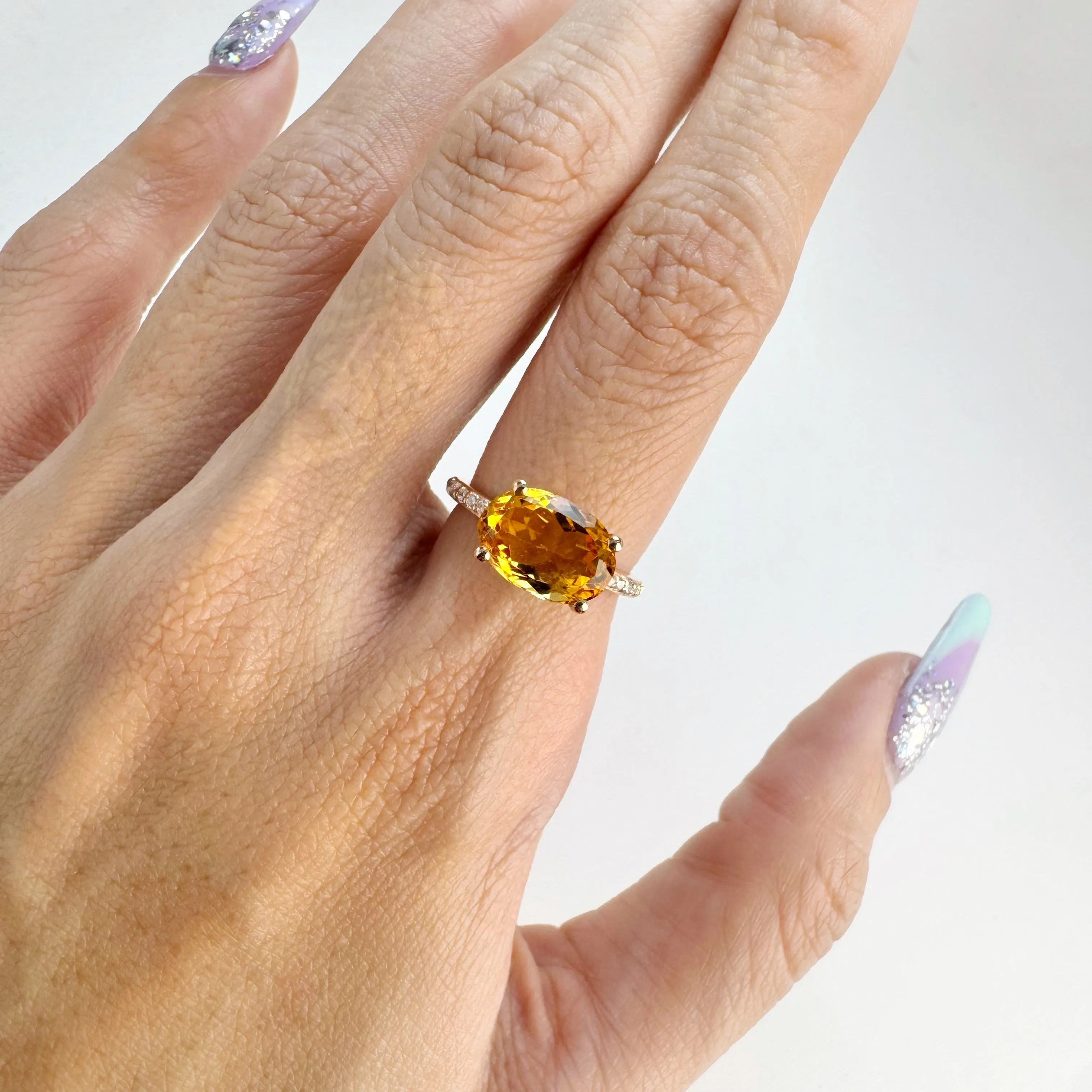8 x 11 mm. Oval Cut Yellow Brazilian Citrine with Cz Band Ring