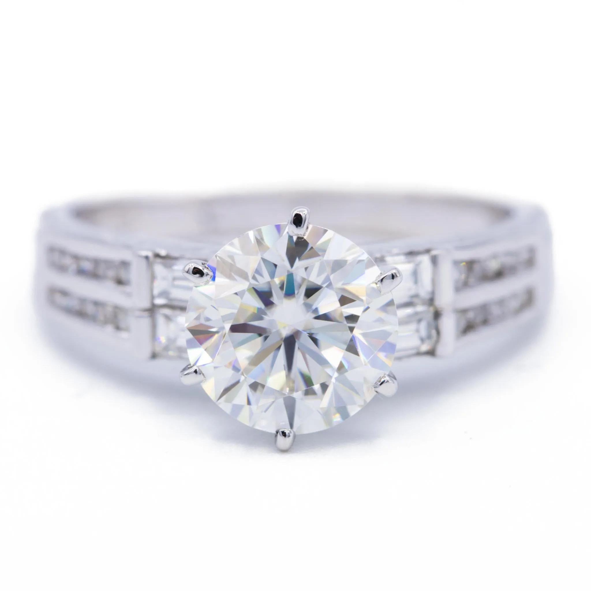 8mm Round Center Side Baguette Diamonds 18k White Gold Ring