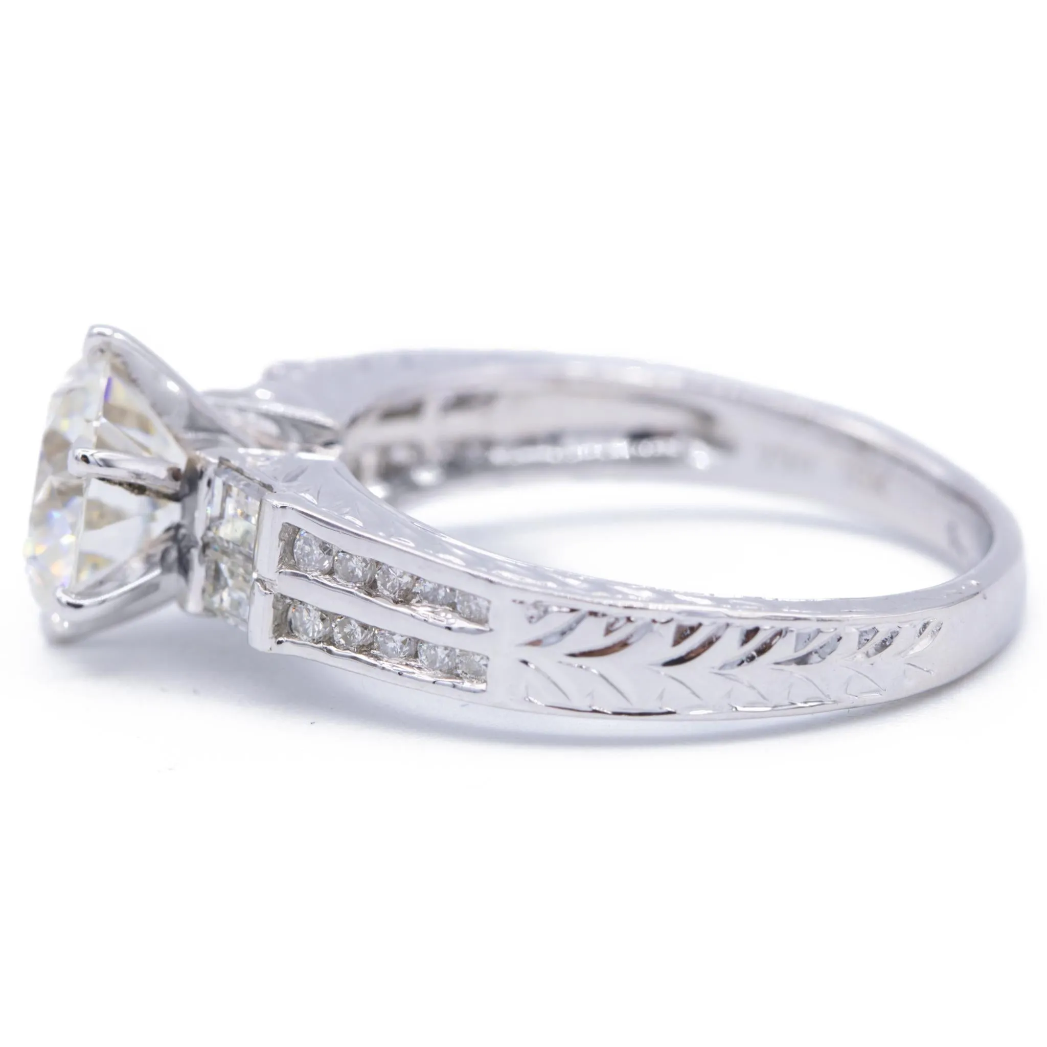 8mm Round Center Side Baguette Diamonds 18k White Gold Ring