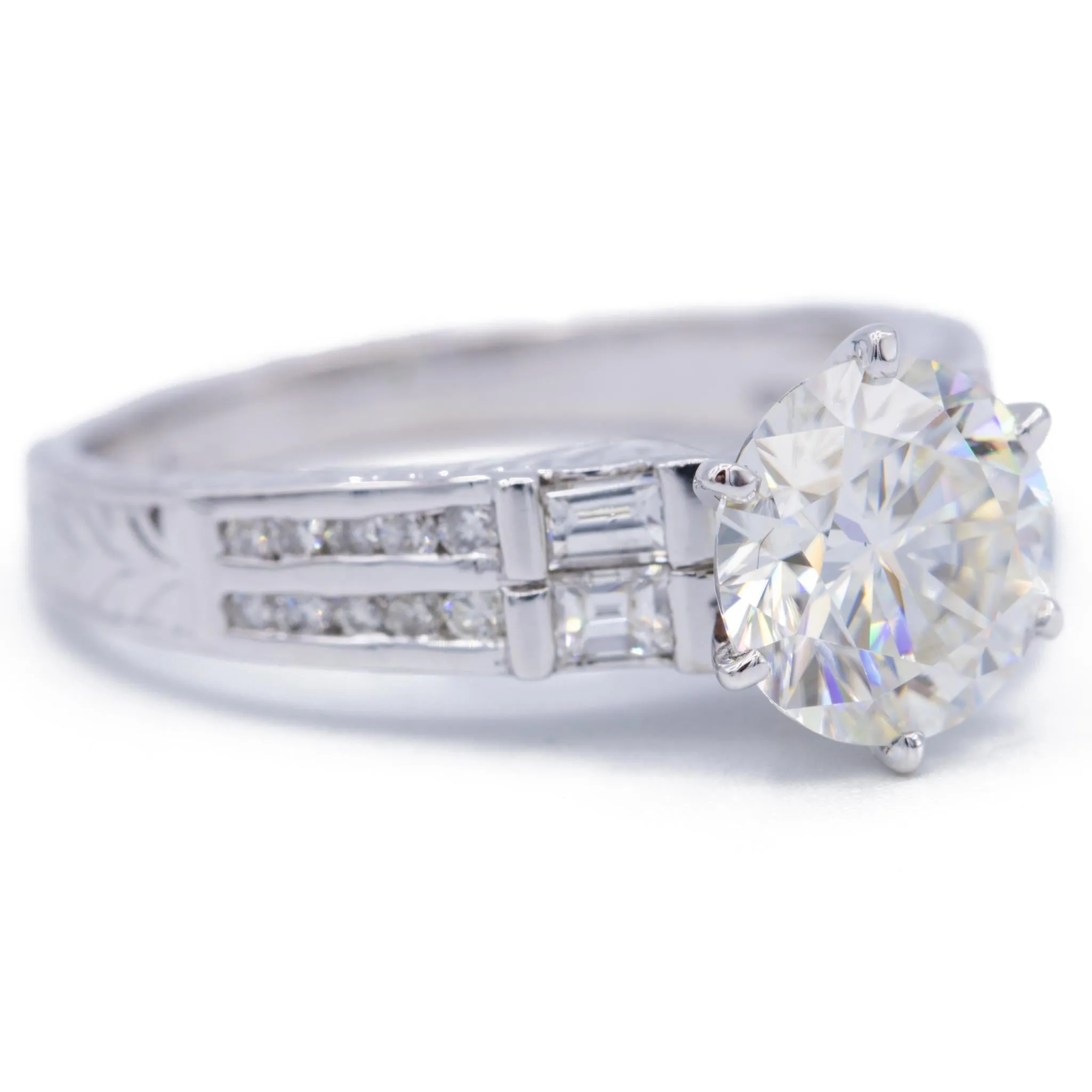 8mm Round Center Side Baguette Diamonds 18k White Gold Ring