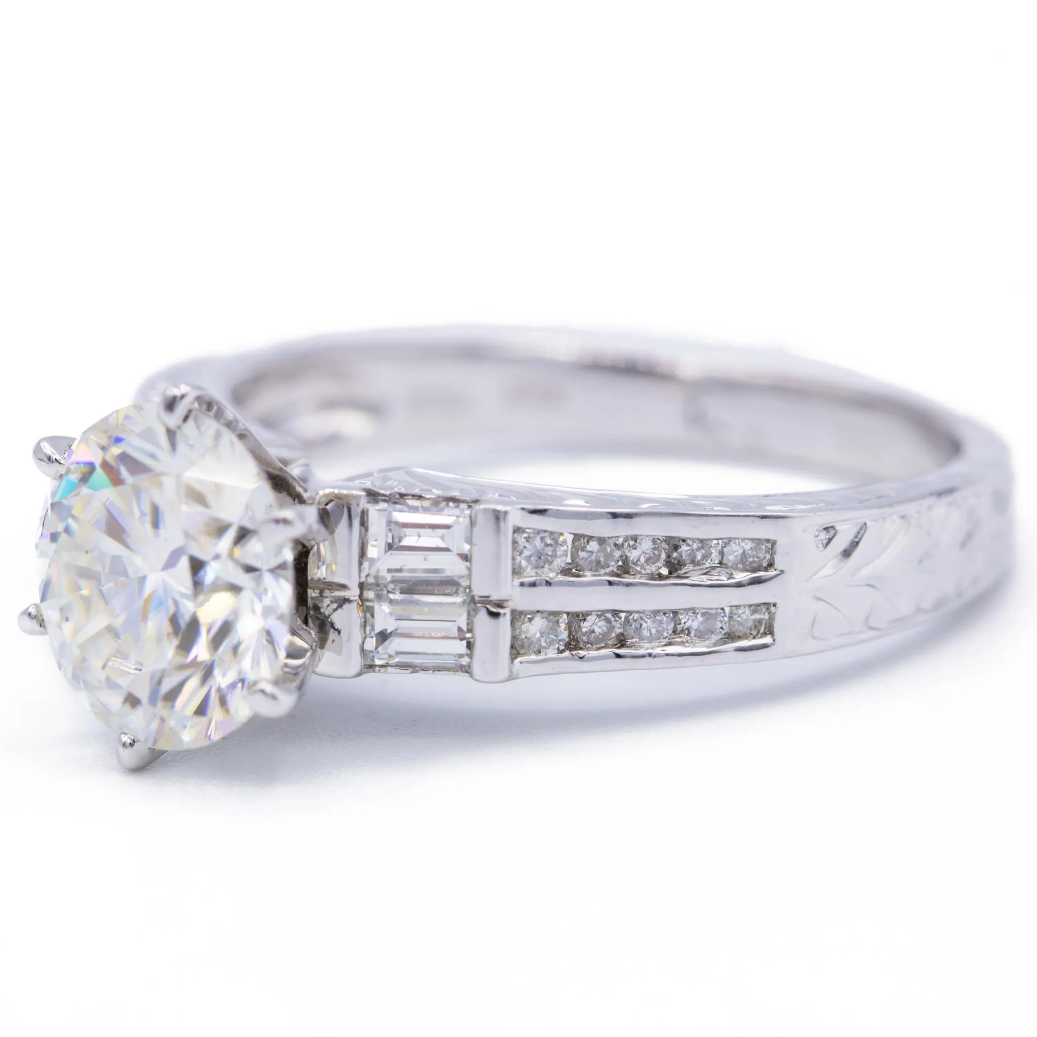8mm Round Center Side Baguette Diamonds 18k White Gold Ring