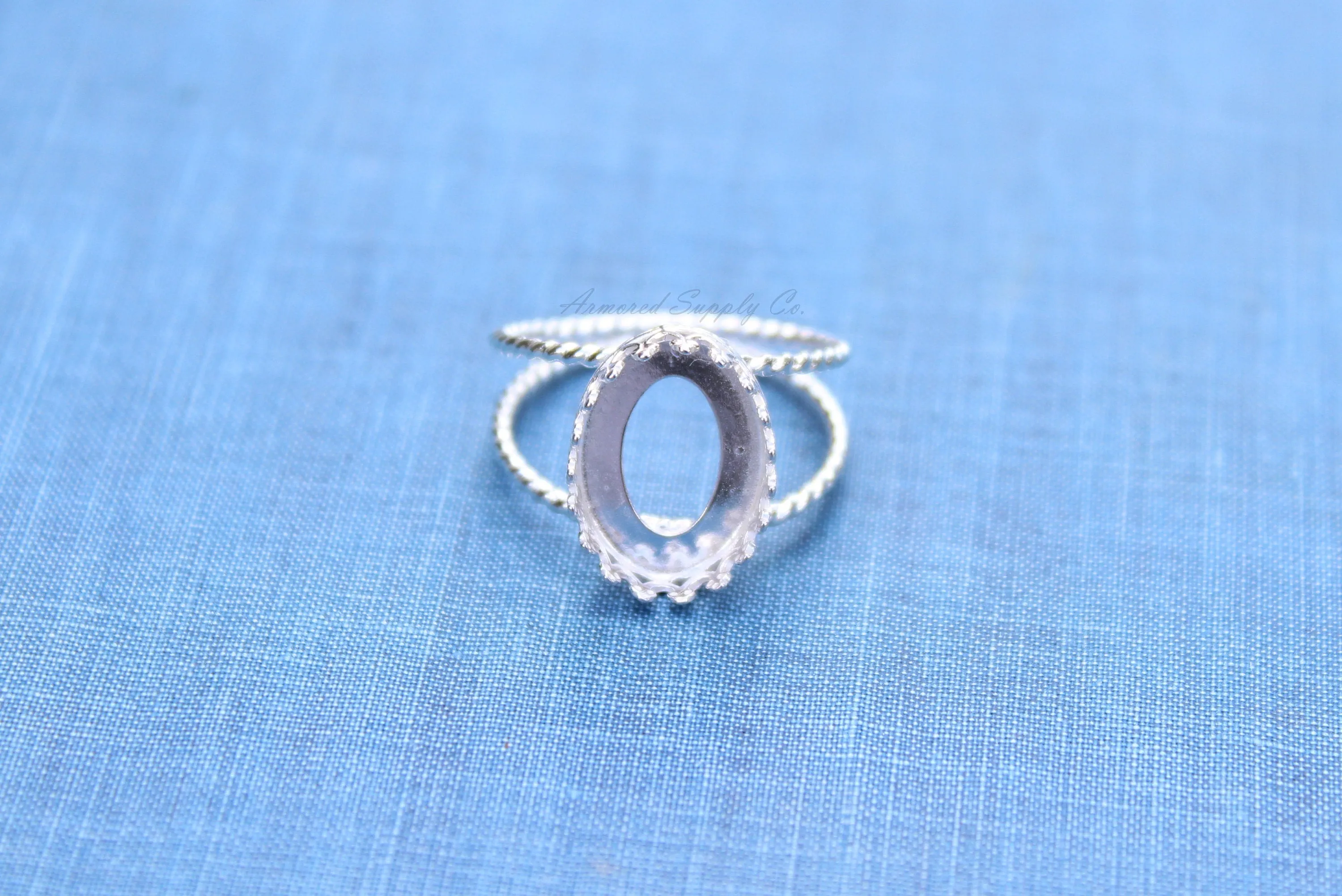 9x7mm Oval Crown Bezel Silver Double Rope Band Ring blank