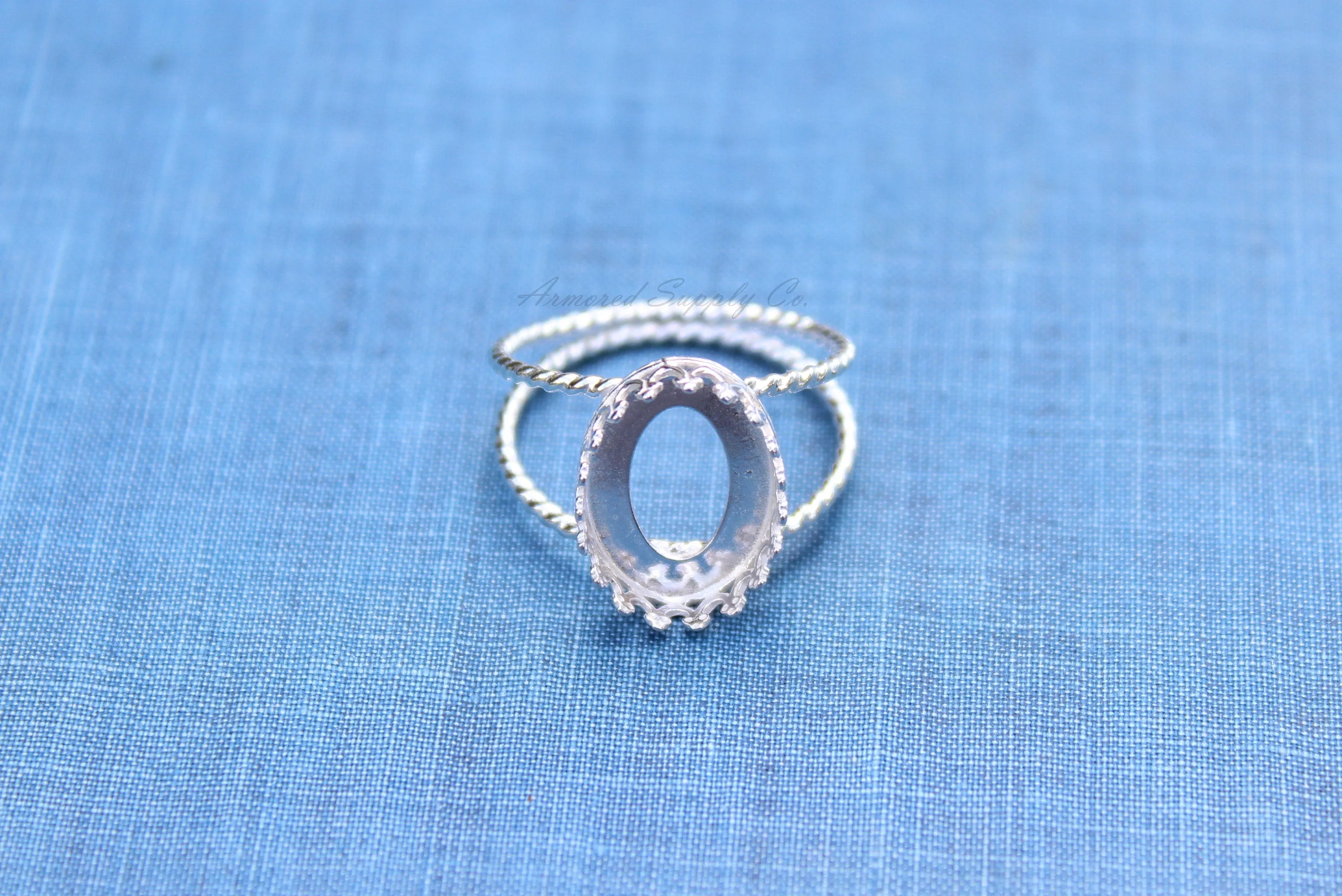 9x7mm Oval Crown Bezel Silver Double Rope Band Ring blank