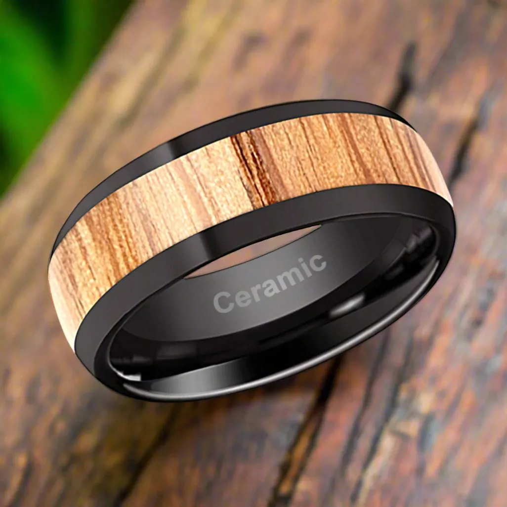 AMBROSE | Black Ceramic Ring, Red Oak Wood Inlay, Domed