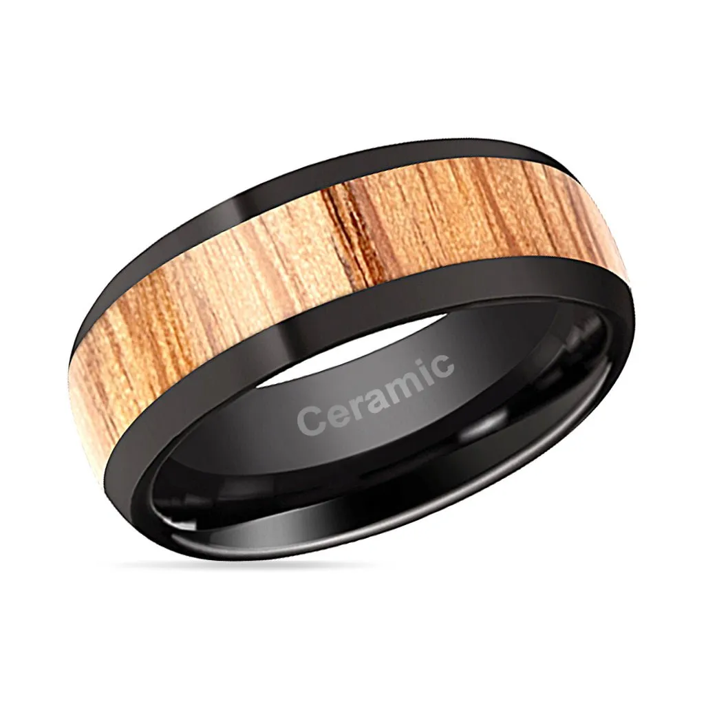 AMBROSE | Black Ceramic Ring, Red Oak Wood Inlay, Domed