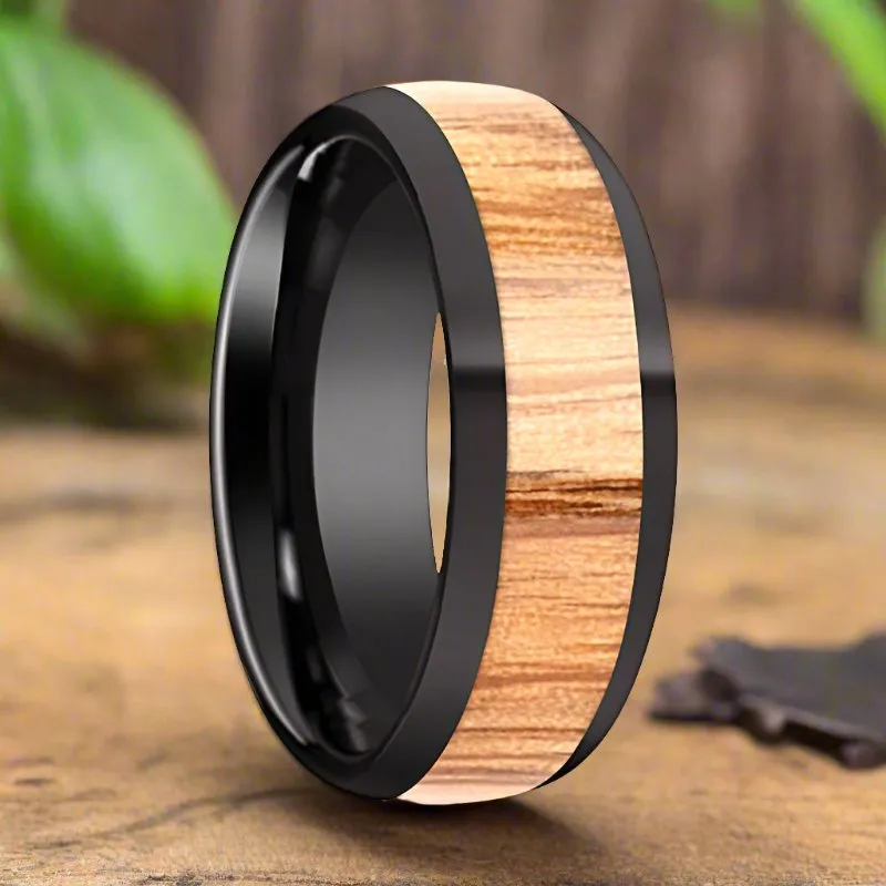 AMBROSE | Black Ceramic Ring, Red Oak Wood Inlay, Domed