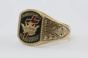 Antique 10K Gold & Enamel Masonic Knights Templar Ring Blood Red Passion Ring