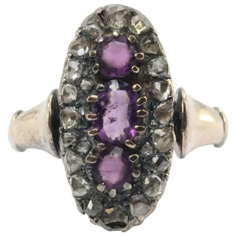 Antique 10K Gold Georgian Rose Cut Diamond Purple Paste Ring