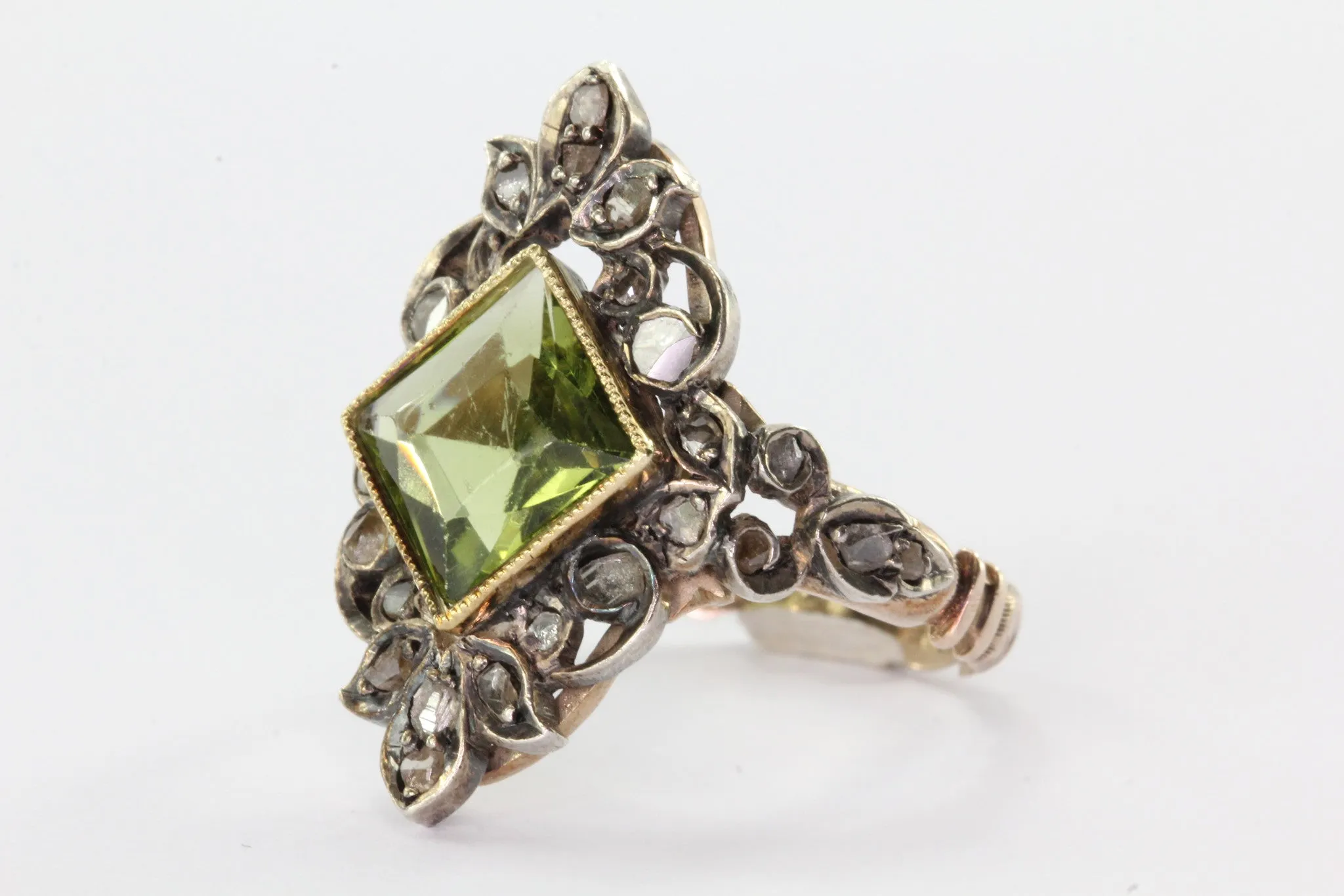 Antique Georgian Rose Cut Diamond Gold & Silver Green Paste Ring