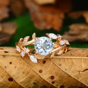 Antique Round Shaped Aquamarine Art Deco Natural  Leaf Vine Ring