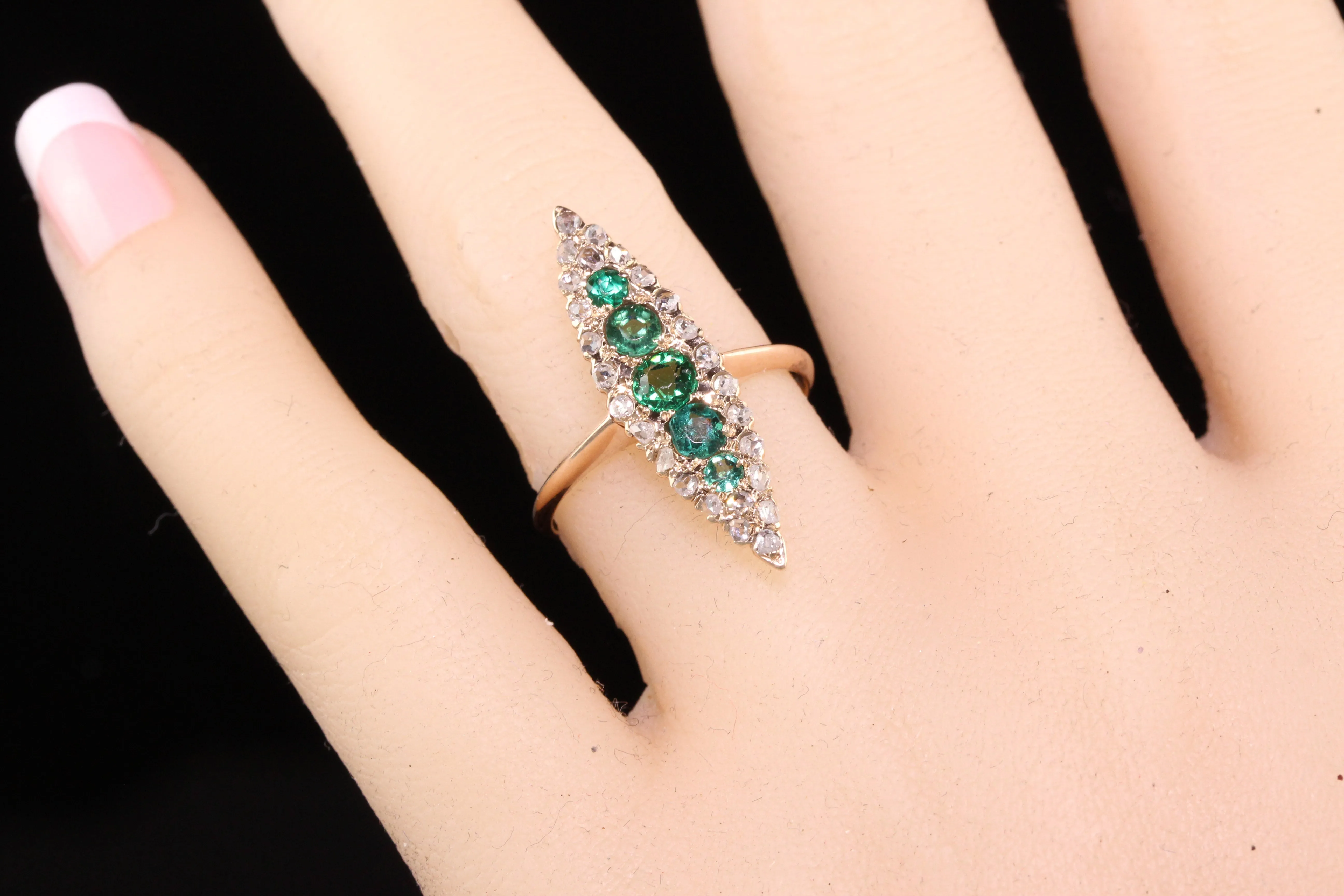 Antique Victorian 14K Rose Gold Rose Cut Diamond and Garnet Navette Ring