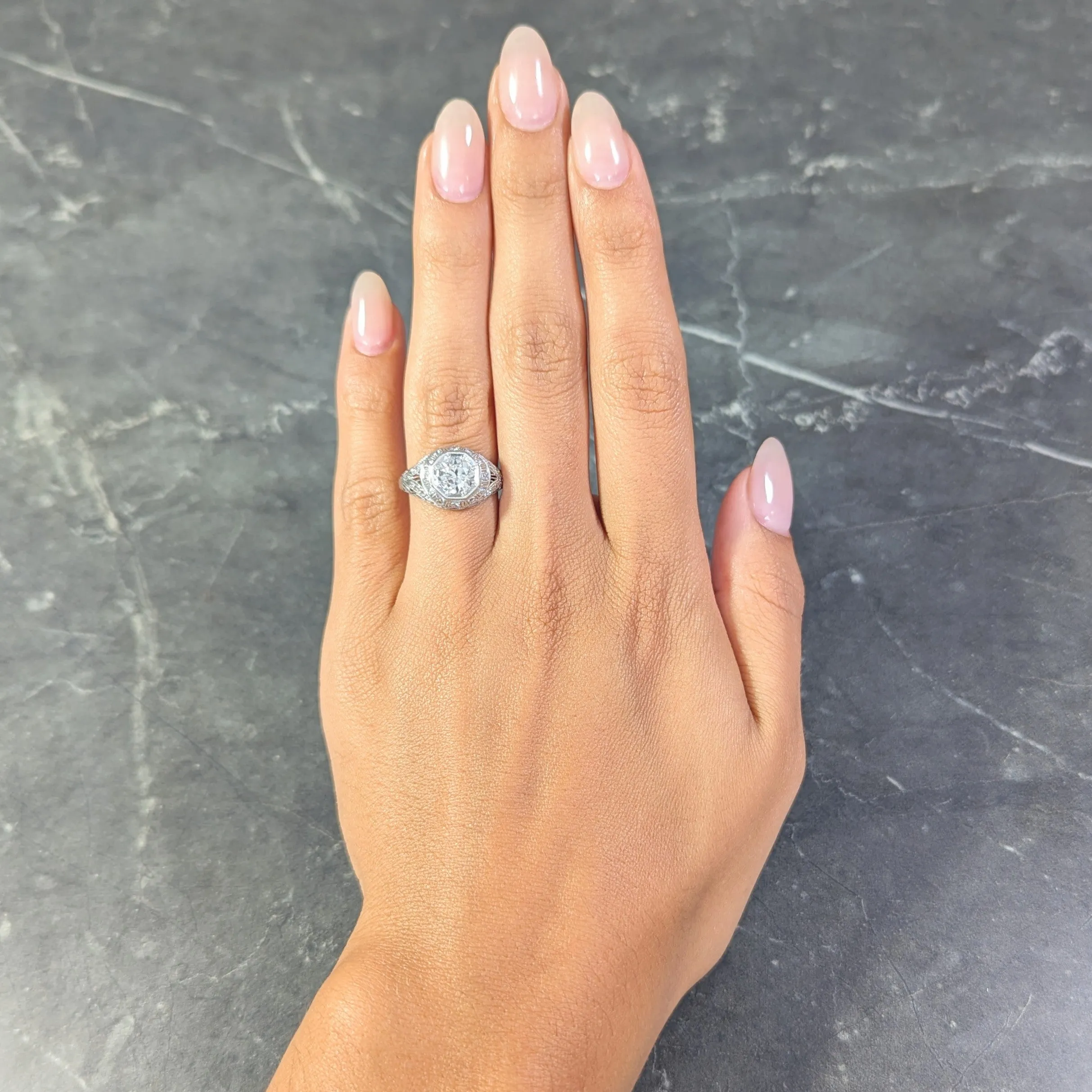 Art Deco 1.30 CTW Diamond Platinum Octagonal Bombay Vintage Engagement Ring