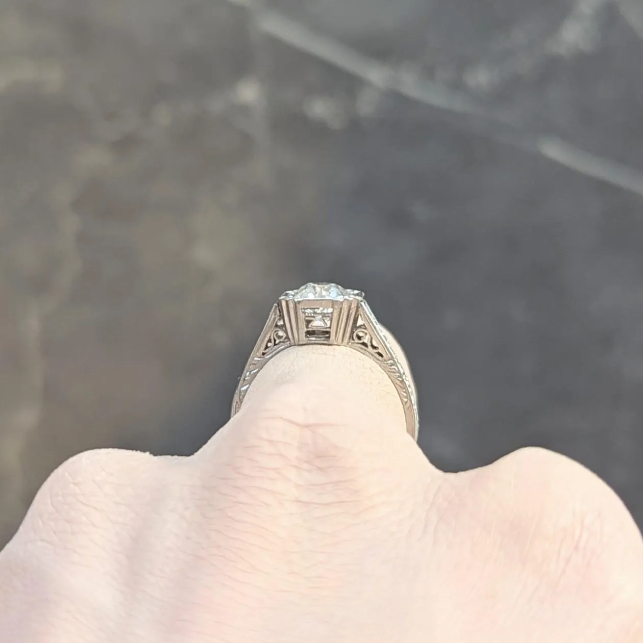 Art Deco 1.37 CTW Old European Cut Diamond Platinum Vintage Greek Key Engagement Ring