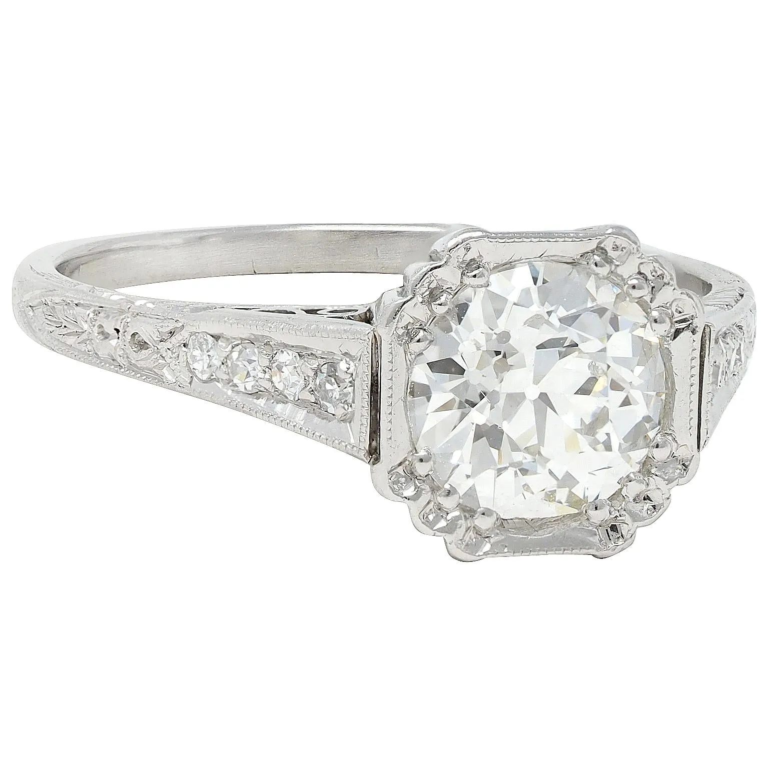 Art Deco 1.37 CTW Old European Cut Diamond Platinum Vintage Greek Key Engagement Ring