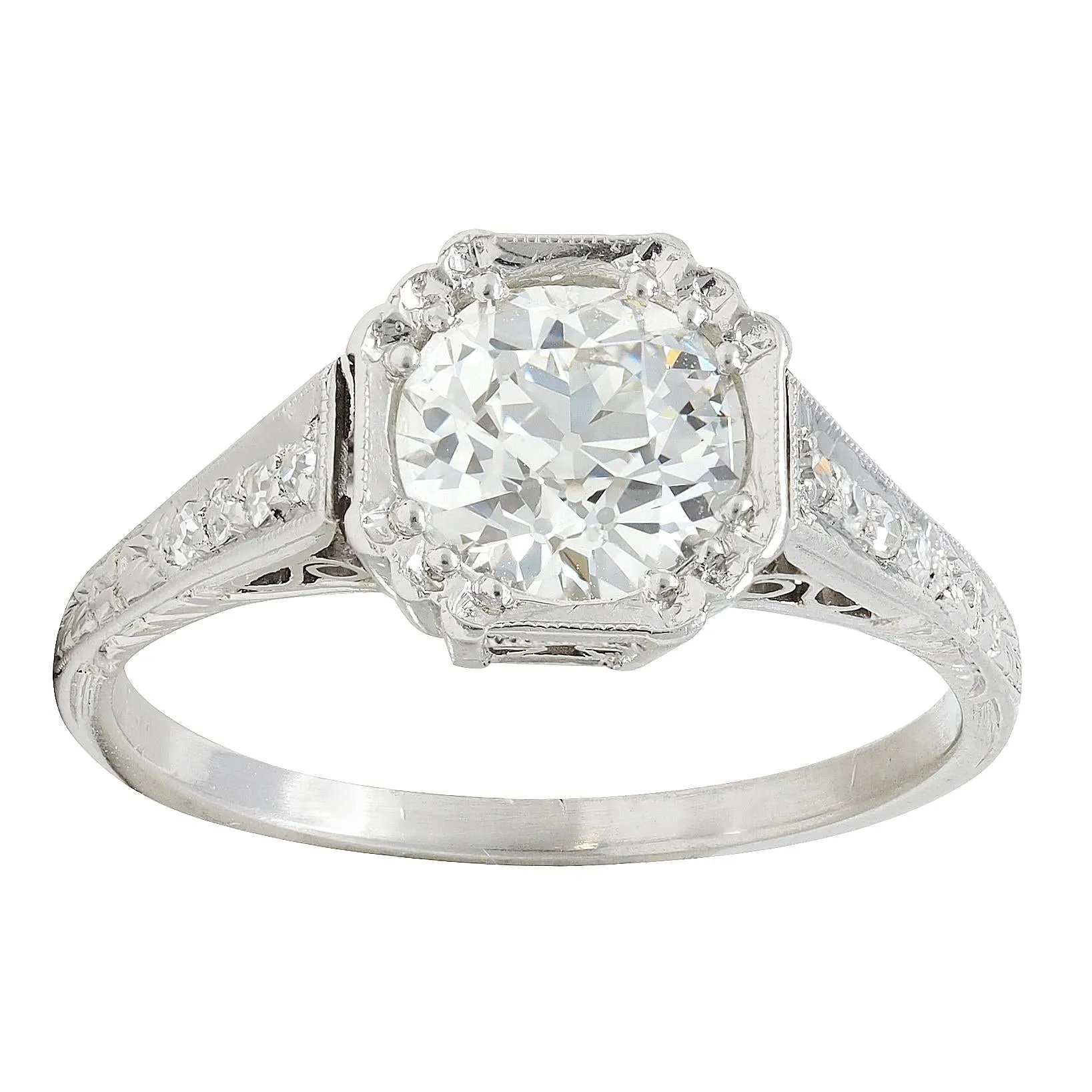 Art Deco 1.37 CTW Old European Cut Diamond Platinum Vintage Greek Key Engagement Ring