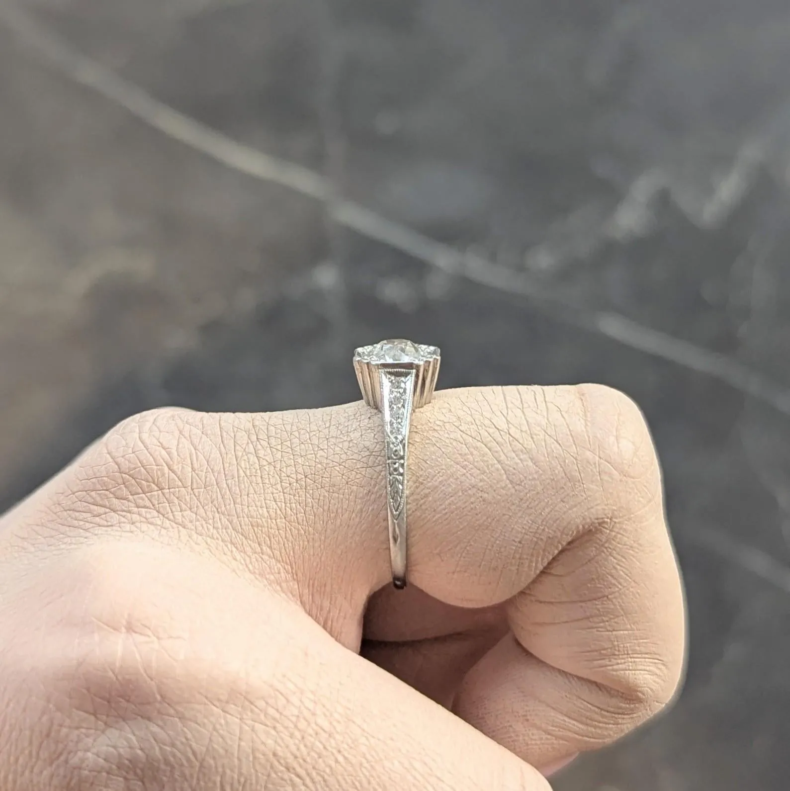 Art Deco 1.37 CTW Old European Cut Diamond Platinum Vintage Greek Key Engagement Ring