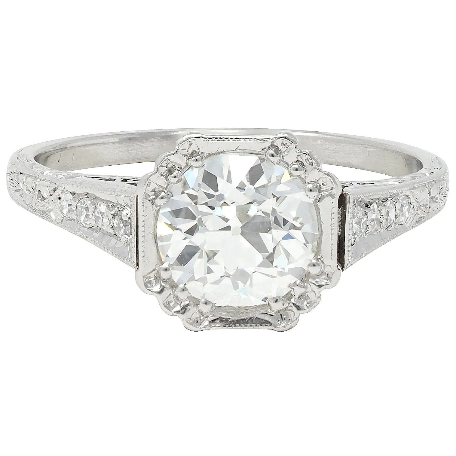 Art Deco 1.37 CTW Old European Cut Diamond Platinum Vintage Greek Key Engagement Ring