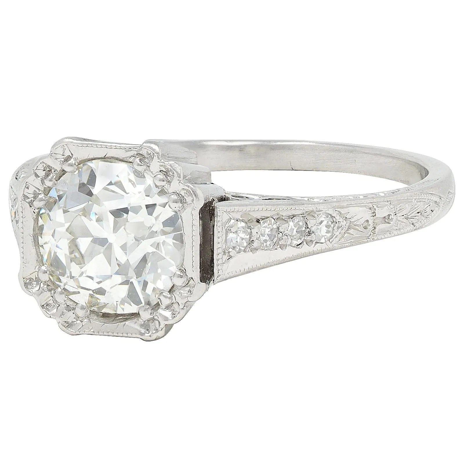Art Deco 1.37 CTW Old European Cut Diamond Platinum Vintage Greek Key Engagement Ring