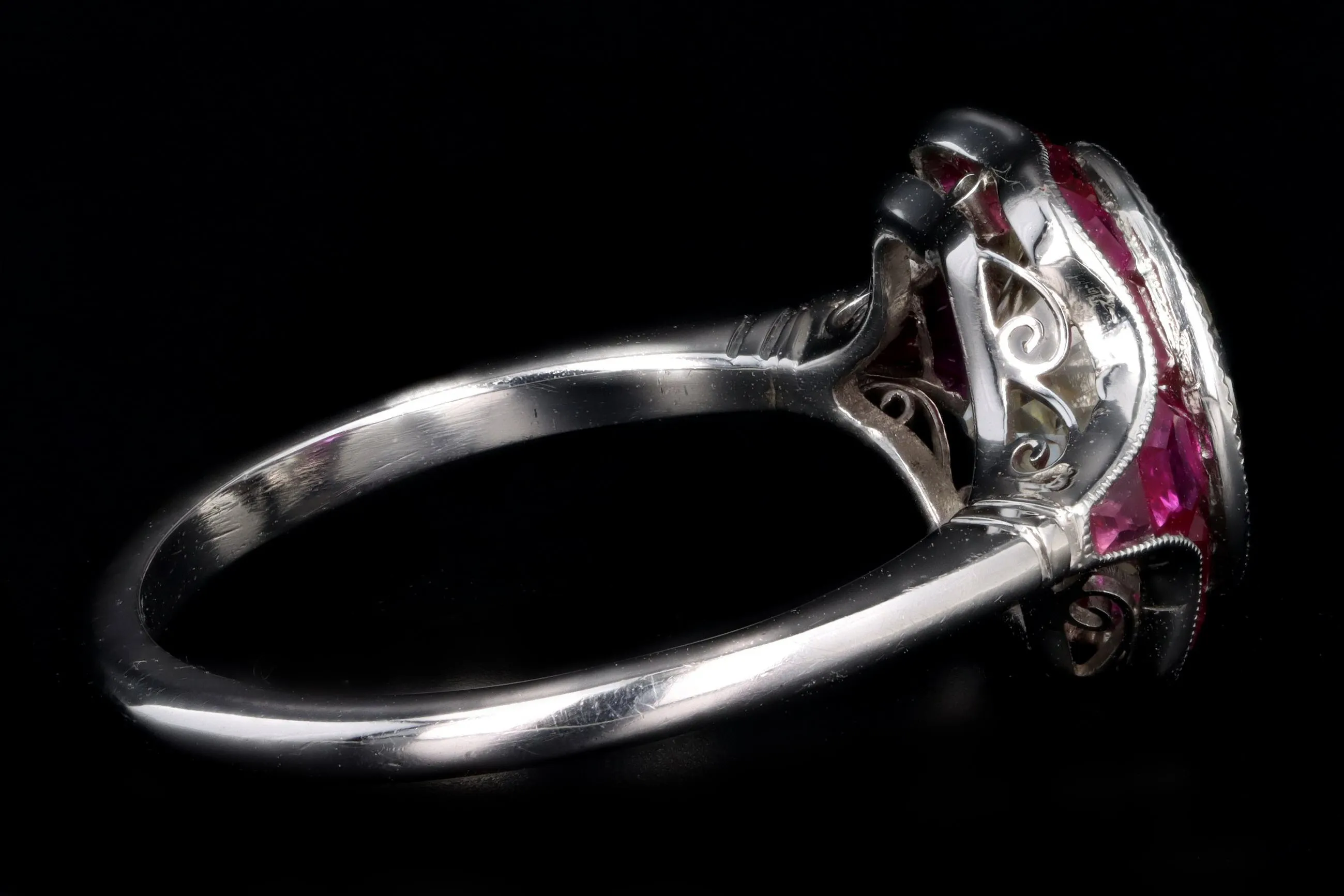 Art Deco Inspired 2.41 Carat Old European Cut Diamond & Natural Ruby Engagement Ring