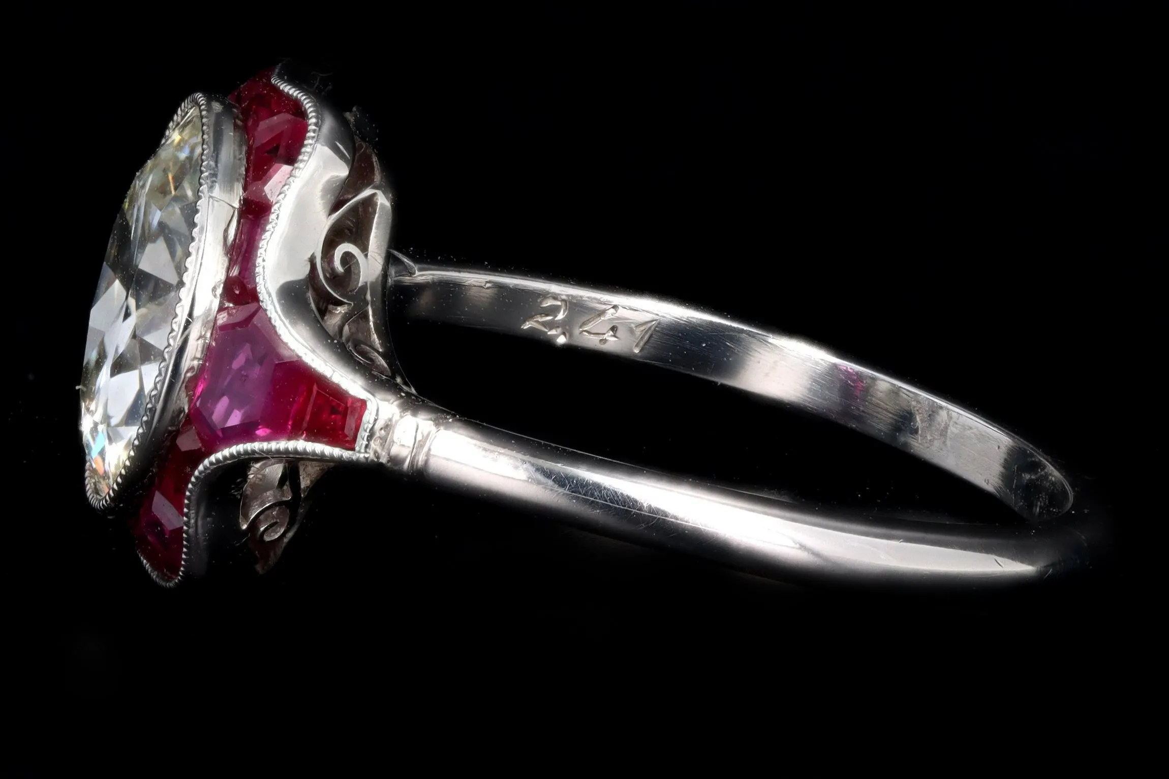 Art Deco Inspired 2.41 Carat Old European Cut Diamond & Natural Ruby Engagement Ring