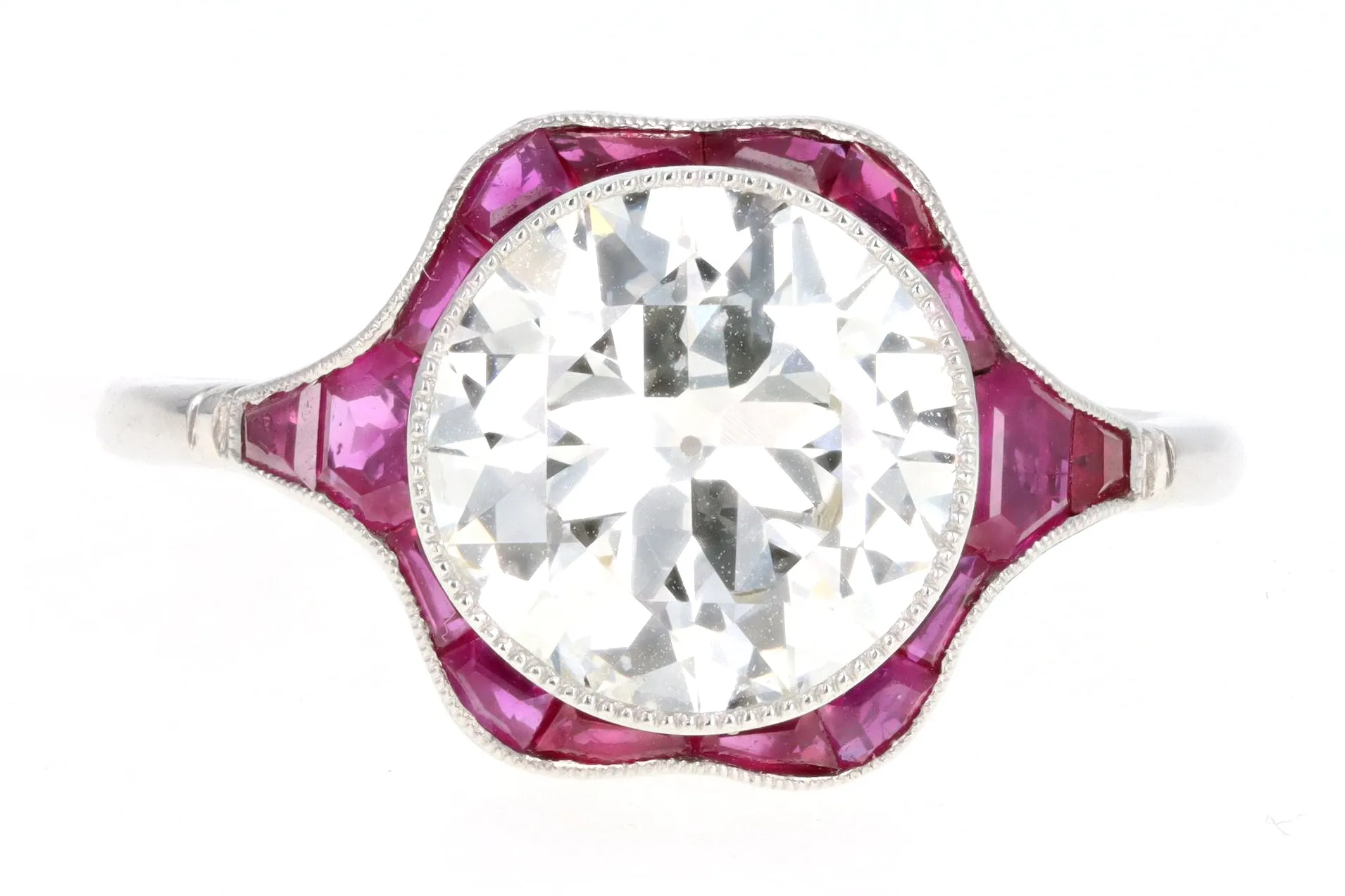 Art Deco Inspired 2.41 Carat Old European Cut Diamond & Natural Ruby Engagement Ring