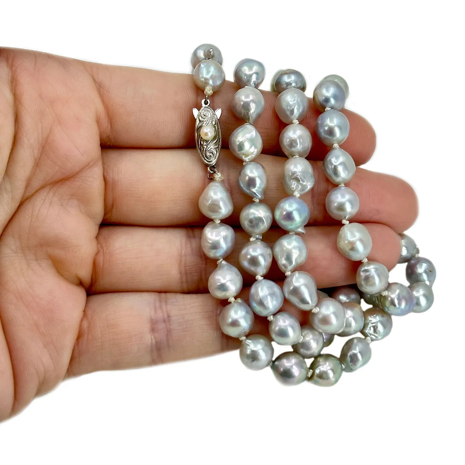 Baroque Silver Blue Vintage Mid Century Japanese Saltwater Cultured Akoya Pearl Necklace - Silver 27.50 Inch