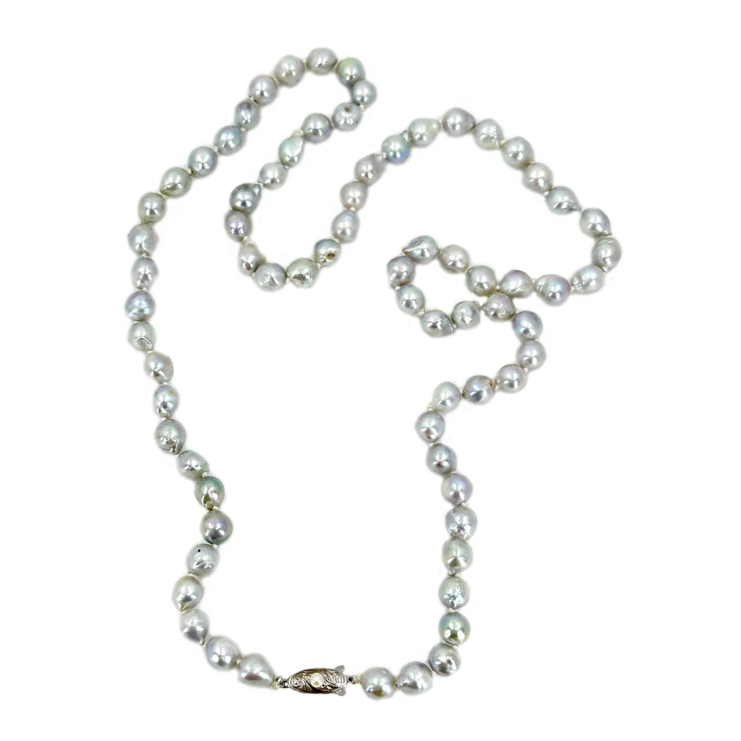 Baroque Silver Blue Vintage Mid Century Japanese Saltwater Cultured Akoya Pearl Necklace - Silver 27.50 Inch