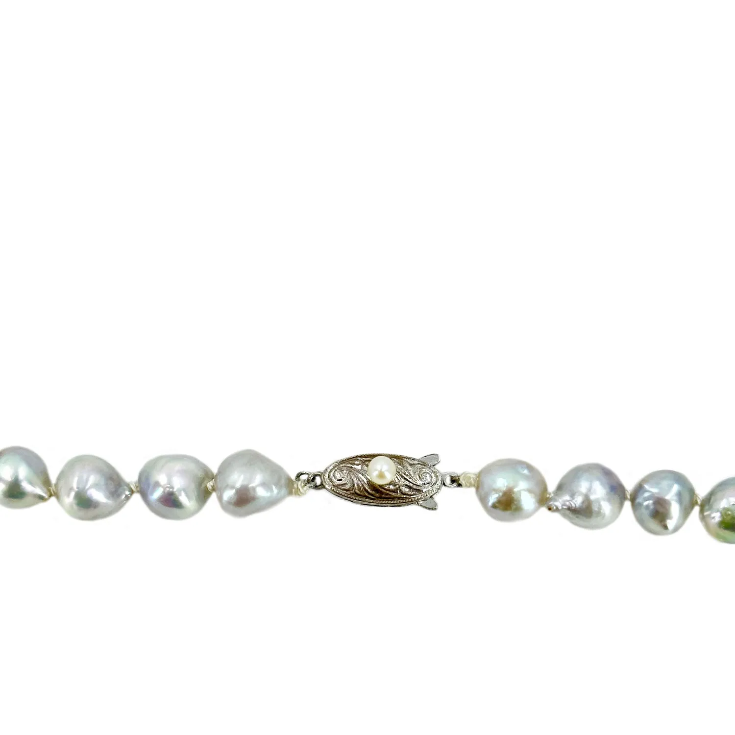 Baroque Silver Blue Vintage Mid Century Japanese Saltwater Cultured Akoya Pearl Necklace - Silver 27.50 Inch