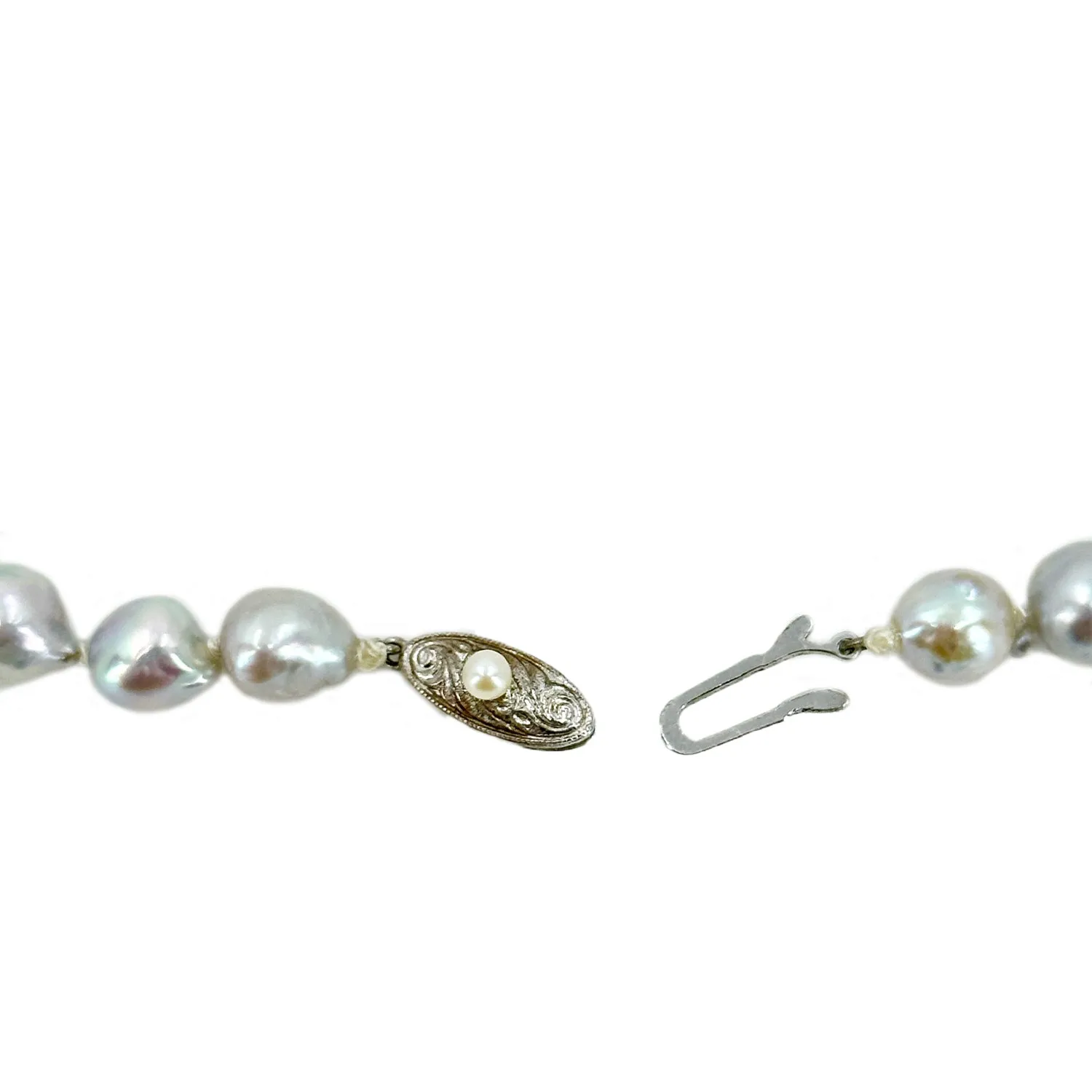 Baroque Silver Blue Vintage Mid Century Japanese Saltwater Cultured Akoya Pearl Necklace - Silver 27.50 Inch