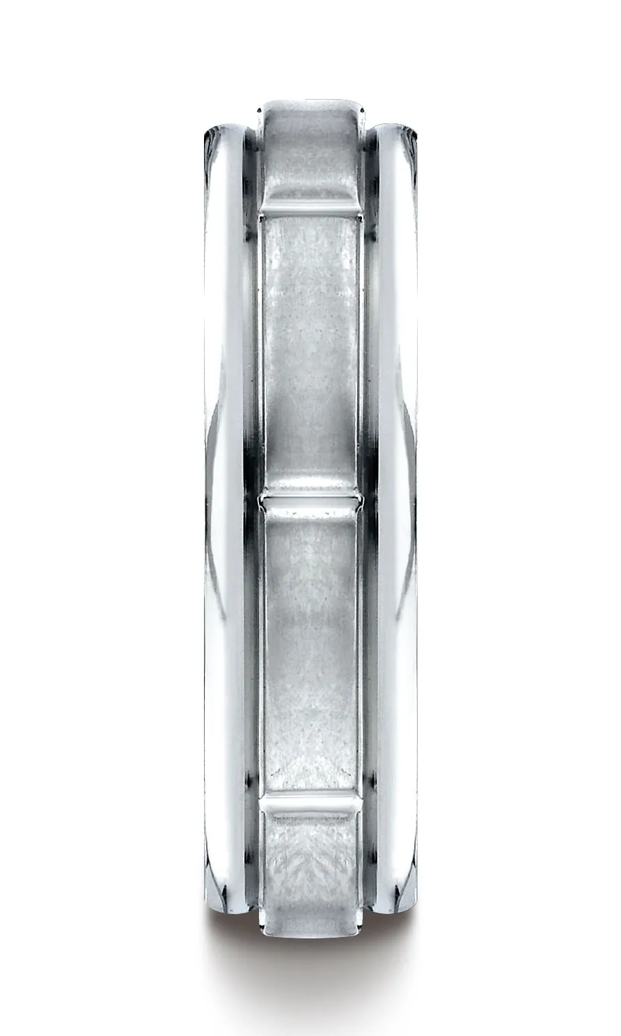 Benchmark 10K White Gold 6mm Comfort-Fit Satin-Finish 8 Center Cuts and Round Edge Carved Design Ring