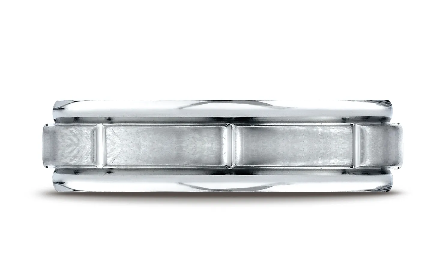 Benchmark 10K White Gold 6mm Comfort-Fit Satin-Finish 8 Center Cuts and Round Edge Carved Design Ring