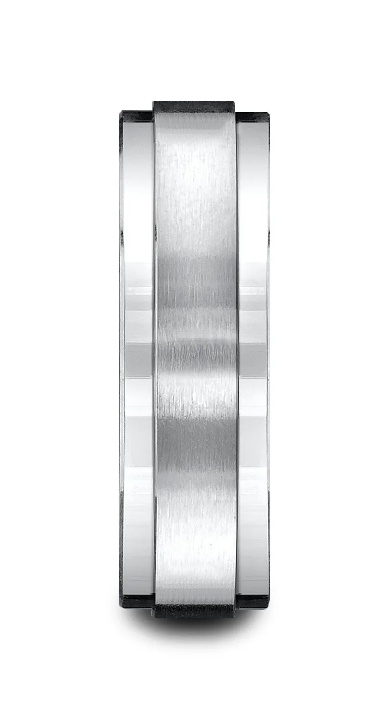 Benchmark 10k White Gold 7mm Comfort-Fit Satin-Finished w/ High Polish Drop Edge Carved Design Band (4-15)