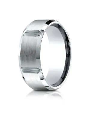Benchmark 10K White Gold 8mm Comfort-Fit Satin-Finished Grooves Carved Design Wedding Band Ring