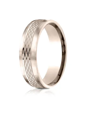 Benchmark 14k Rose Gold 6.5mm Comfort-Fit Mesh Center Satin Finish Edge Design Band, (Sizes 4-14)