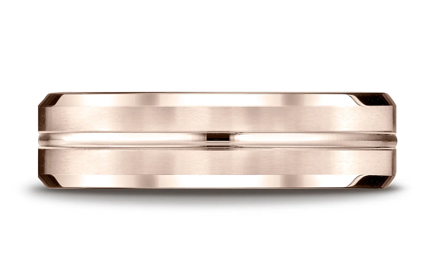 Benchmark 14K Rose Gold 6mm Comfort-Fit Satin-Finished with High Polished Cut Carved Design Wedding Band