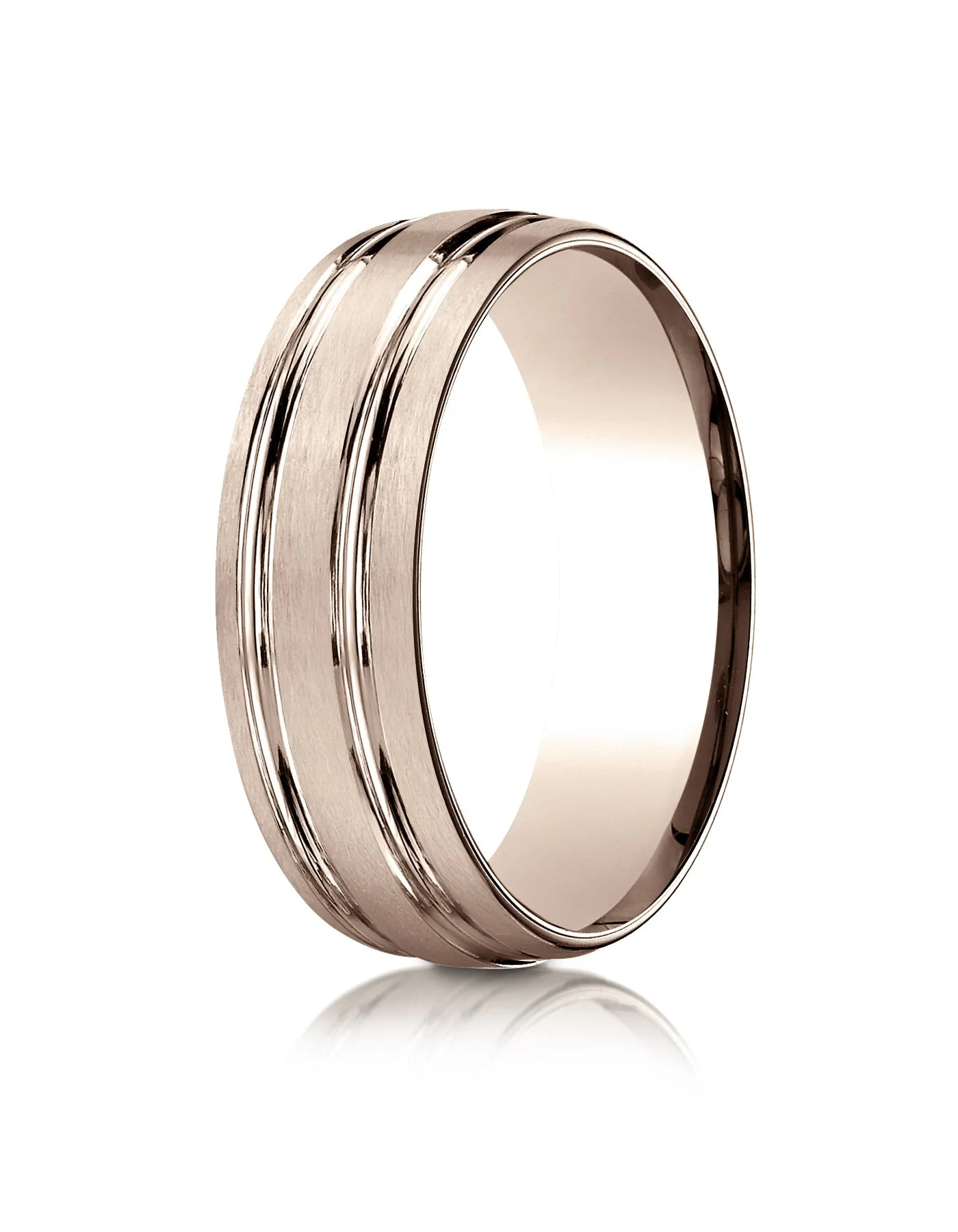 Benchmark 14K Rose Gold 7mm Comfort-Fit Satin-Finished w/ Parallel Grooves Carved Design Band, (4-15)