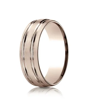 Benchmark 14K Rose Gold 7mm Comfort-Fit Satin-Finished w/ Parallel Grooves Carved Design Band, (4-15)