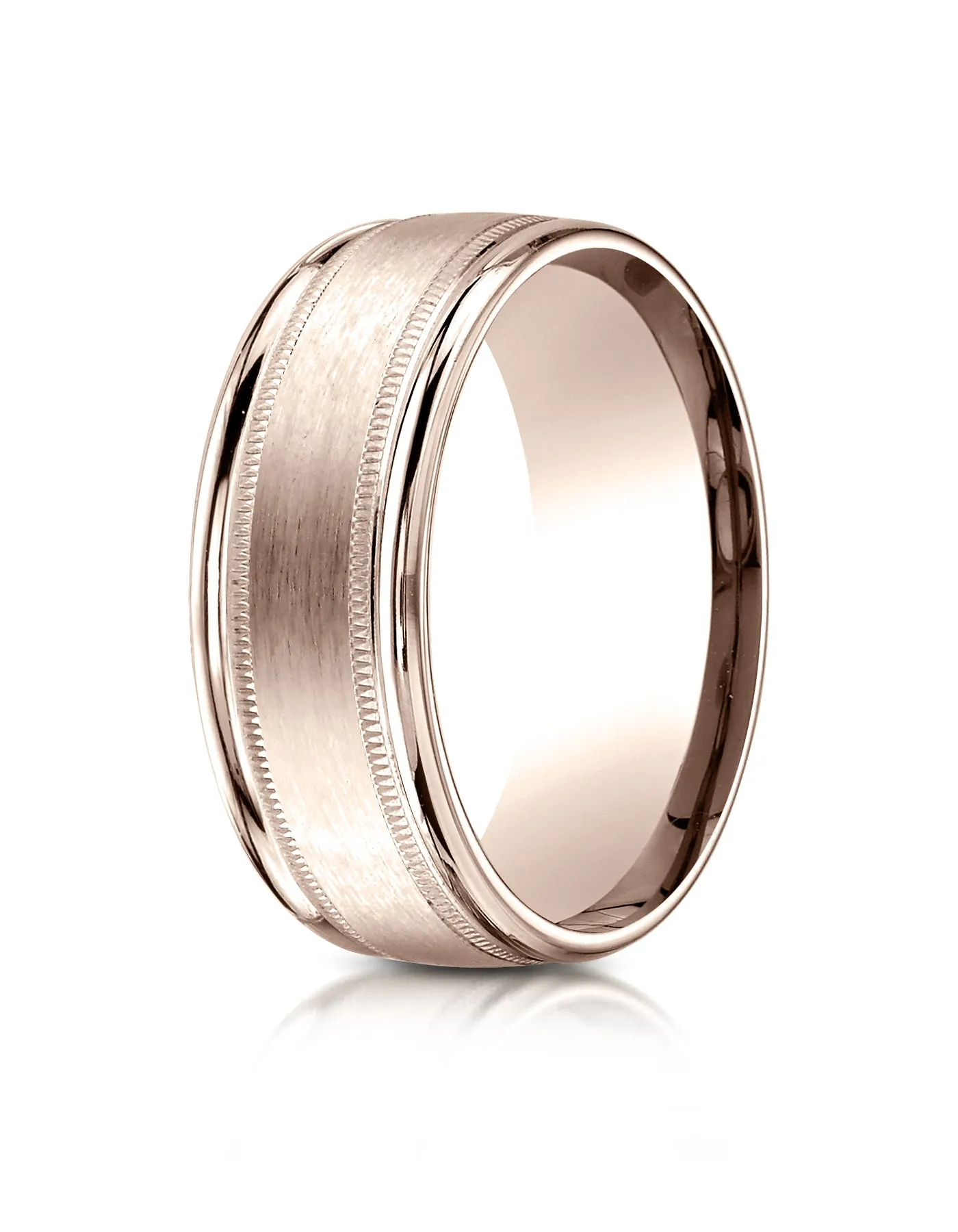 Benchmark 14K Rose Gold 8mm Comfort-Fit Satin Finish Center with Milgrain Round Edge Carved Design Ring