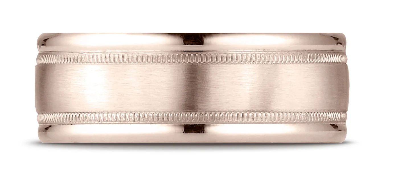 Benchmark 14K Rose Gold 8mm Comfort-Fit Satin Finish Center with Milgrain Round Edge Carved Design Ring