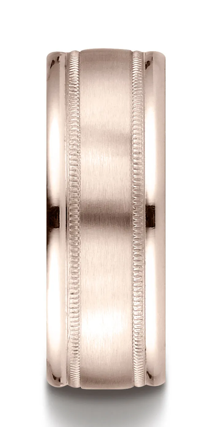 Benchmark 14K Rose Gold 8mm Comfort-Fit Satin Finish Center with Milgrain Round Edge Carved Design Ring