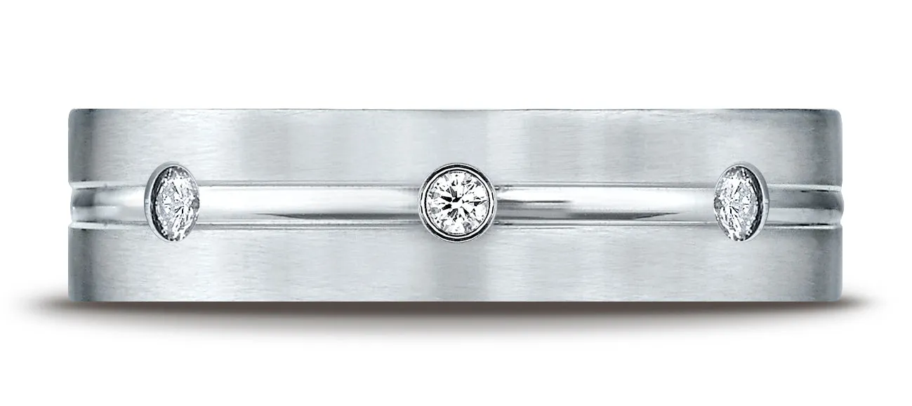 Benchmark 14K White Gold 6mm Comfort-Fit Etched Burnish Set 3-Stone Channel Set Diamond Ring (0.18 ct.)