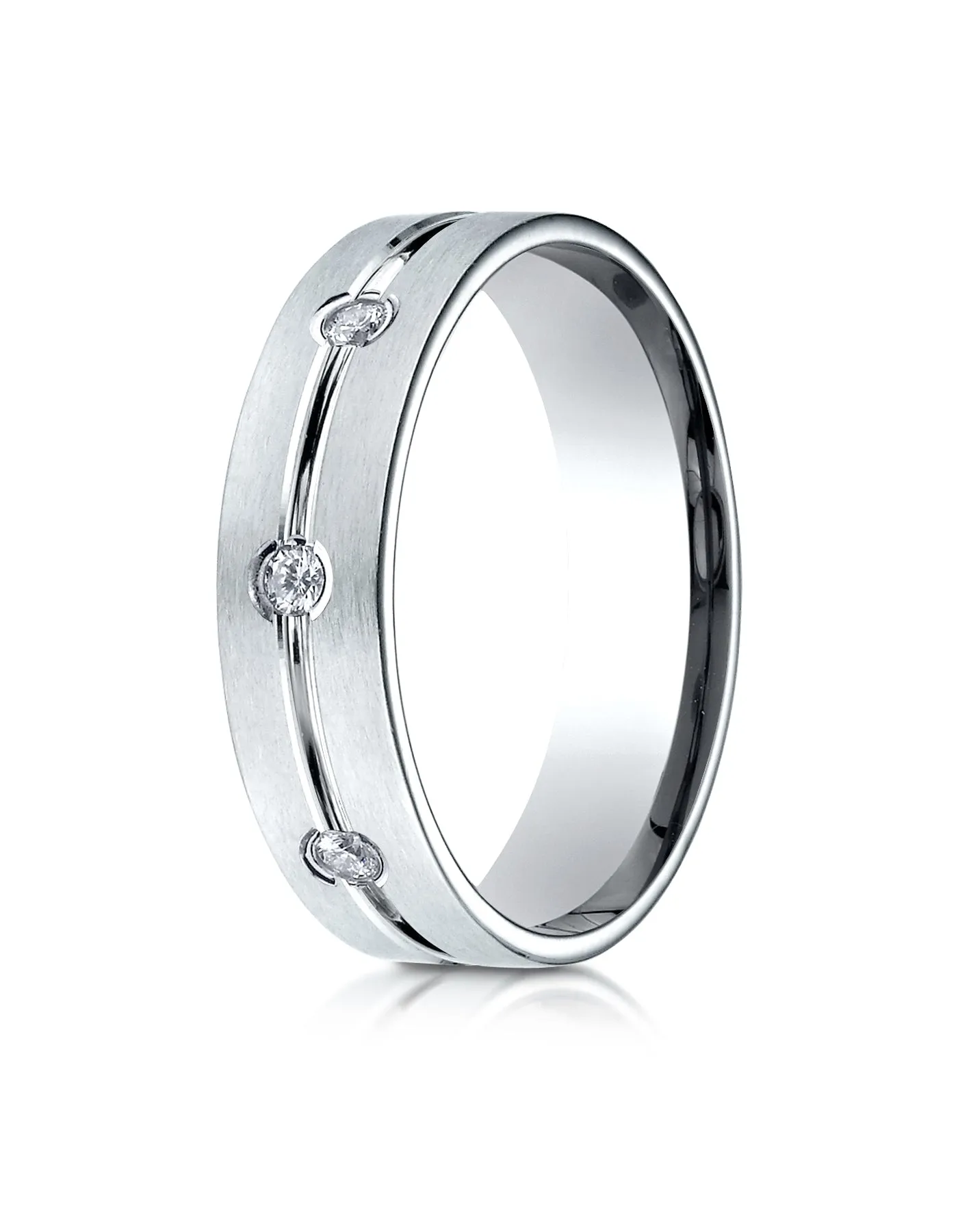 Benchmark 14K White Gold 6mm Comfort-Fit Etched Burnish Set 3-Stone Channel Set Diamond Ring (0.18 ct.)