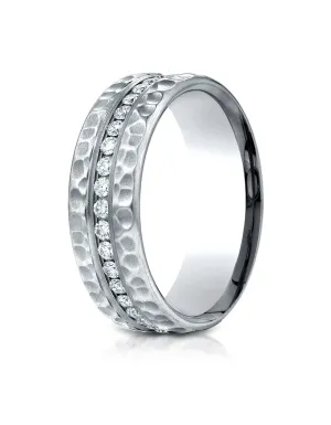 Benchmark 14K White Gold 7.5mm Hammered Finish Pave-set Diamond Comfort-Fit Wedding Band Ring (0.4 ct.)