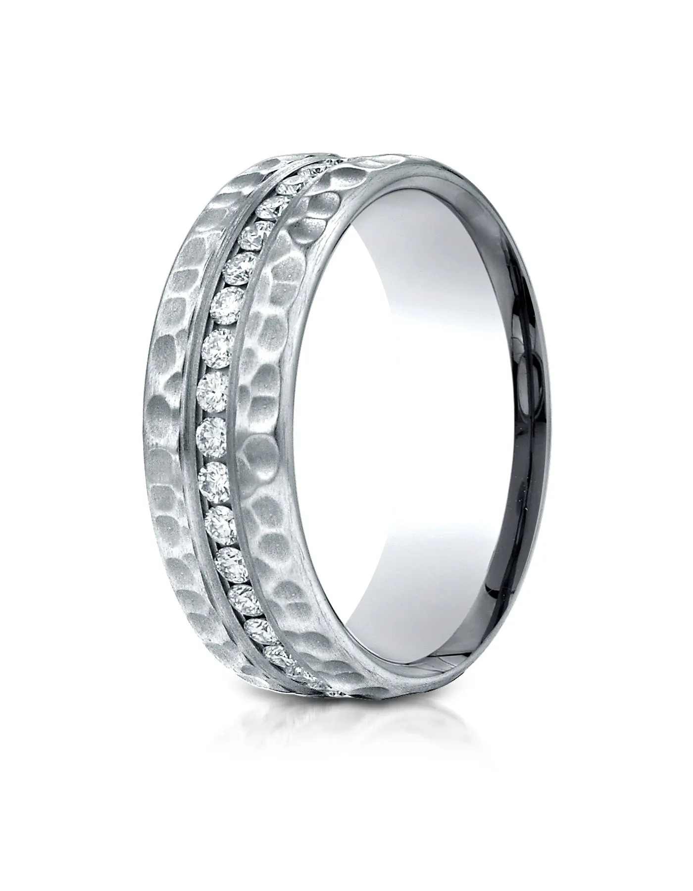 Benchmark 14K White Gold 7.5mm Hammered Finish Pave-set Diamond Comfort-Fit Wedding Band Ring (0.4 ct.)