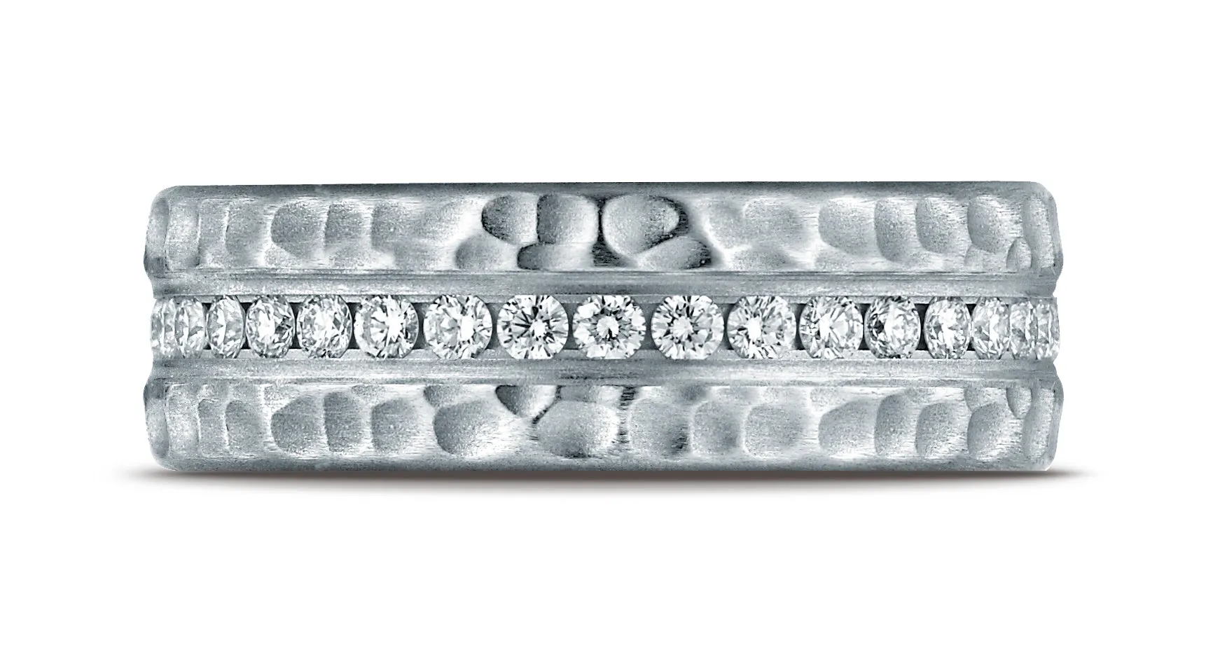 Benchmark 14K White Gold 7.5mm Hammered Finish Pave-set Diamond Comfort-Fit Wedding Band Ring (0.4 ct.)